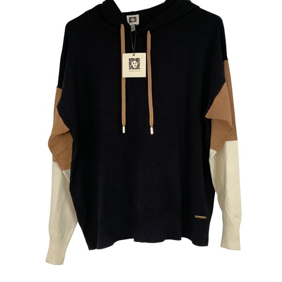 Anne Klein Womens Color Block Pullover Hoodie Sweater Black Combo L RW10327 - Picture 10 of 10